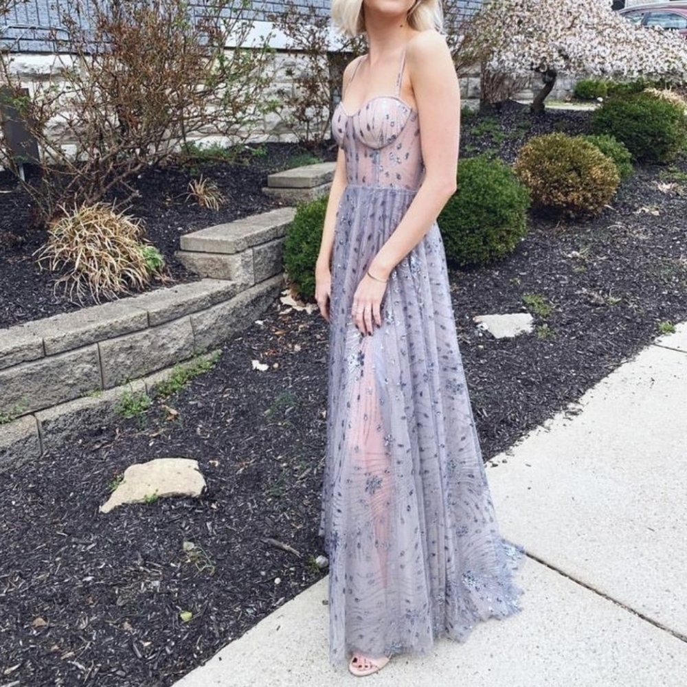 Gianni Bini sequin corset formal gown sheer gray blue glitter prom size 1